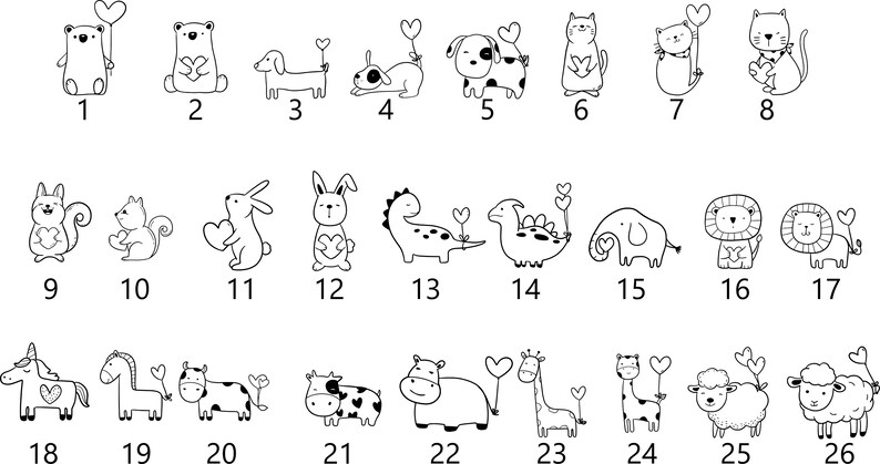 Peut inclure: Un ensemble de 26 illustrations en noir et blanc d'animaux tenant des c&oelig;urs. Les animaux comprennent un ours, un chien, un chat, un &eacute;cureuil, un lapin, un dinosaure, un &eacute;l&eacute;phant, un lion, une licorne, un cheval, une vache, un hippopotame, une girafe et un mouton.