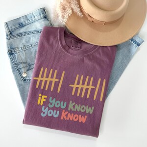 May include: A mauve-colored t-shirt with the text "If You Know You Know" in colorful letters. The shirt is folded on top of a pair of light blue jeans, a beige hat, and a gold necklace.