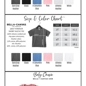 May include: Size chart for Bella + Canvas youth and toddler short sleeve t-shirts. The chart shows chest and length measurements in inches for different sizes. The chart also includes colour options: dark grey heather, black, heather columbia blue, pink, athletic heather, and white.