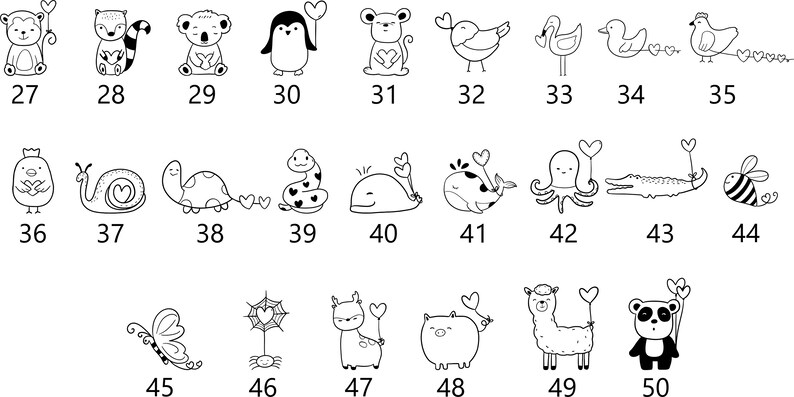 Peut inclure: Illustrations en noir et blanc de diff&eacute;rents animaux tenant des ballons en forme de c&oelig;ur. Les animaux comprennent un singe, un koala, un pingouin, un oiseau, un escargot, une tortue, un serpent, une baleine, une pieuvre, un alligator, une abeille, un papillon, une araign&eacute;e, un lama, un cochon et un panda.