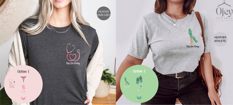 May include: Two women's t-shirts with the text "Nurse Strong" and different graphic designs. The first shirt is heather dark grey with a pink stethoscope and heart design. The second shirt is heather athletic grey with a green hand holding a stethoscope.