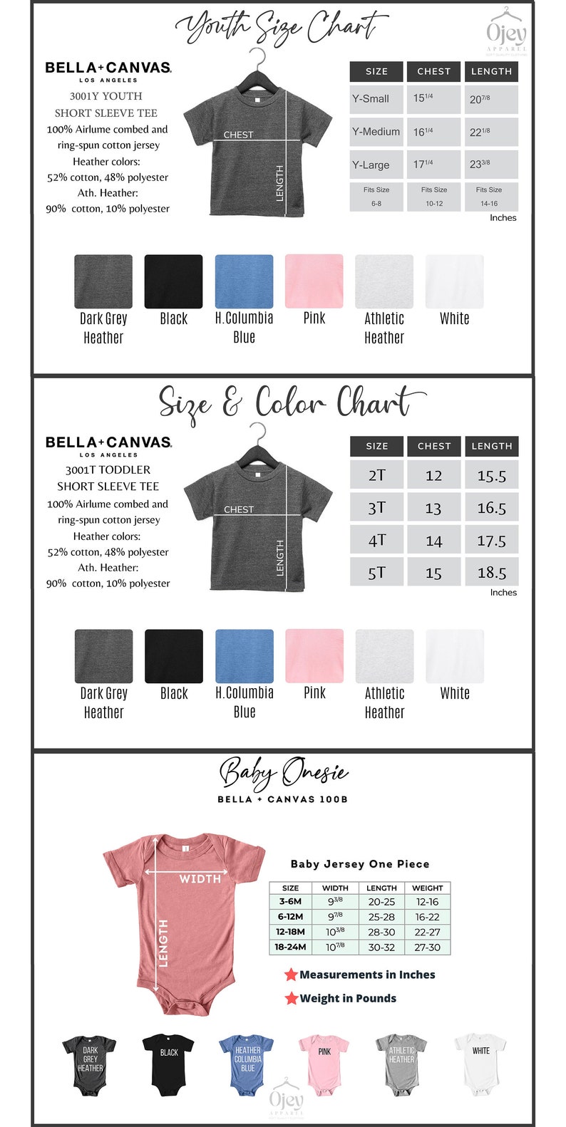 Op de afbeelding: Maattabel voor Bella + Canvas korte mouw T-shirts voor kinderen en peuters. De tabel toont borst- en lengtemaat in inches voor verschillende maten. De tabel bevat ook kleur opties: donker grijs melange, zwart, columbia blauw melange, roze, atletisch melange en wit.