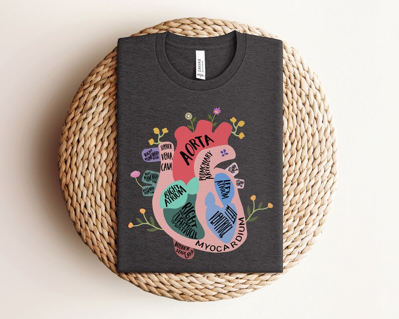 May include: A dark gray t-shirt with a colorful illustration of a human heart. The heart is labeled with the names of its parts, including the aorta, right atrium, right ventricle, left atrium, left ventricle, and myocardium. The illustration is surrounded by small flowers.