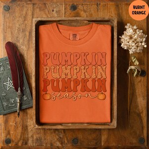 May include: Burnt orange t-shirt with the words "PUMPKIN SEASON" in a retro font. The word "pumpkin" is repeated three times, with the middle one featuring a leopard print design. Two small pumpkin illustrations are below the word "season".