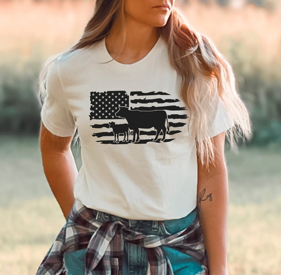 USA Cow Farm Shirt, Farm Animal Shirt, Farm Girl Shirt, Farmer T-Shirt, Cow Lover Gift, Farming T-Shirt, American Flag Tee, Farmer Gift