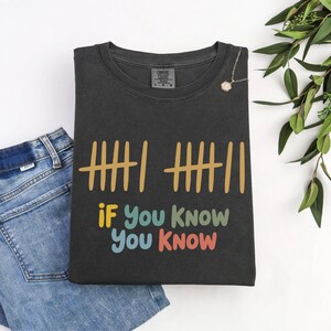 May include: Dark gray t-shirt with the text "if you know you know" in colorful letters. The shirt also features a tally mark design in gold. A pair of blue jeans is next to the shirt.