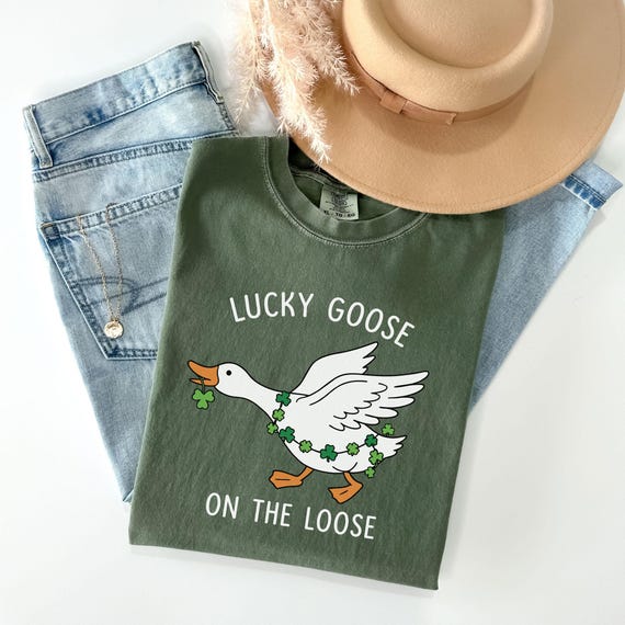 Comfort Colors® - St Patrick's Day T-Shirt - Lucky Goose on the Loose - Lucky Duck Gift - Funny Irish Tee - Holiday Goose Shirt - Party Tee