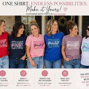 以下が含まれることがあります： さまざまな色のTシャツを着た6人の女性。それぞれ異なるテキストデザインです。シャツには、さまざまなフォントと色で「Redhawks」と「Marshall」という言葉が使われています。画像には「One shirt. Endless possibilities. Make it Yours!」というテキストが含まれています。