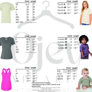 May include: Size chart for t-shirts, tank tops, and onesies. The chart shows chest and length measurements in inches for sizes XS to 5XL, Youth S to XL, Toddler 2T to 5T, and sizes 3/6 to 18/24.