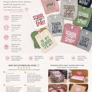 以下が含まれることがあります： 「School Spirit」や「Teach Love Inspire」、「In My School Era」などのフレーズがプリントされた、さまざまな色のスクールスピリットTシャツ。顧客の声や梱包の詳細も表示されています。