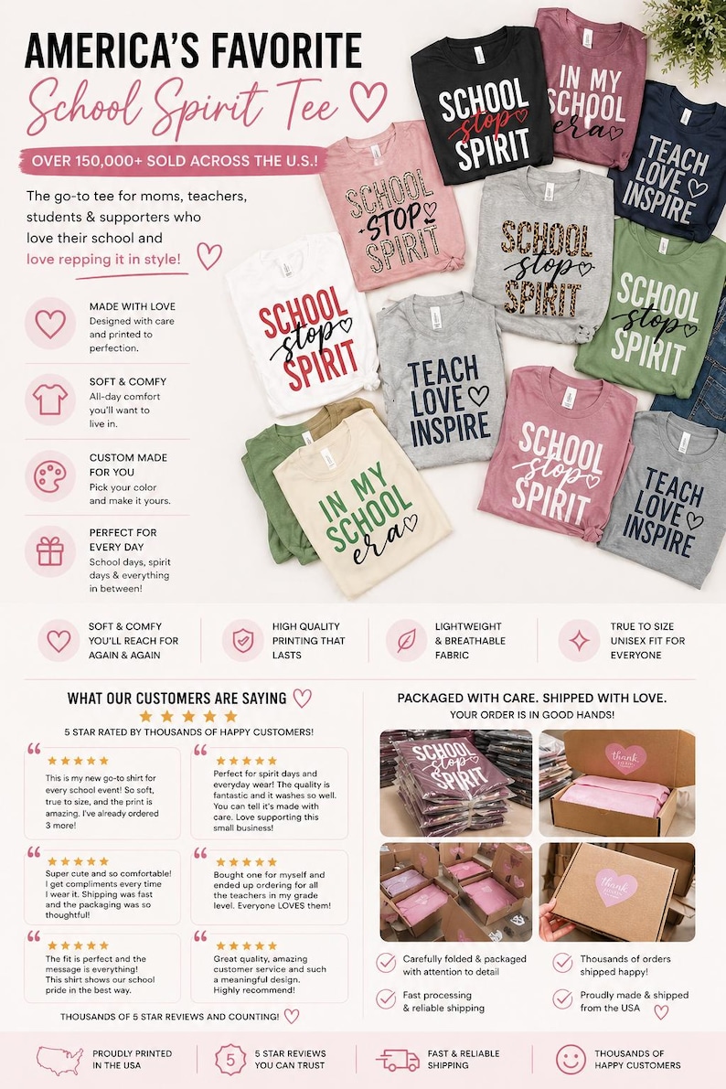 以下が含まれることがあります： 「School Spirit」や「Teach Love Inspire」、「In My School Era」などのフレーズがプリントされた、さまざまな色のスクールスピリットTシャツ。顧客の声や梱包の詳細も表示されています。