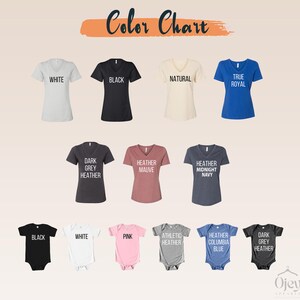 May include: Color chart showing different colors of V-neck shirts and baby onesies. The colors include white, black, natural, true royal, dark grey heather, heather mauve, heather midnight navy, athletic heather, heather columbia blue, and dark grey heather.