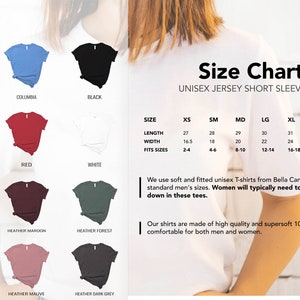 Op de afbeelding: Maattabel voor unisex T-shirts met korte mouwen. De tabel toont de lengte, breedte en de passende maten voor elke maat van XS tot 3XL. De tabel bevat ook een beschrijving van de T-shirts, die aangeeft dat ze gemaakt zijn van hoogwaardige, superzachte 100% katoen en comfortabel zijn voor zowel mannen als vrouwen.