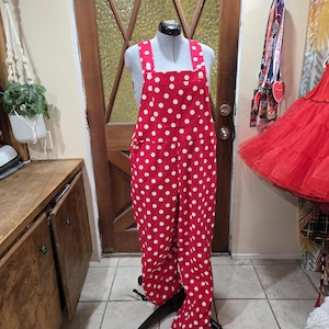 Red and white polka dot jumpsuit overalls
