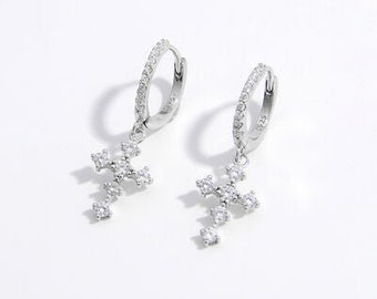 925 Sterling Silver Inlaid Zircon Cross Dangle Earrings