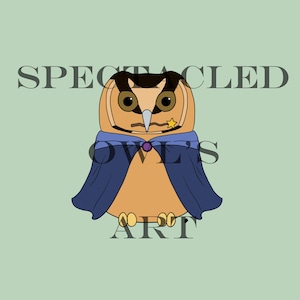 Puede incluir: Ilustración de un búho con plumas naranjas y marrones, que lleva una capa azul y una broche morada. El búho tiene una estrella en el pico. El texto "SPECTACLED OWLS ART" se muestra sobre un fondo verde claro.