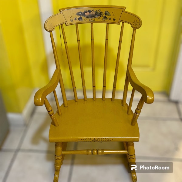 Rare Yellow Antique S.Bent & Bros Spindle High Back Children’s Rocking Chair