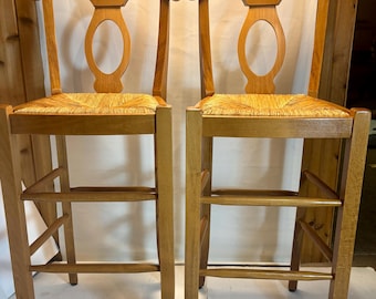 Late 20th C Pair of Vintage Pottery Barn Italy Napoleon Barstools w Rush Seats