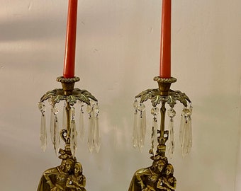 2 Antique French Girandole Brass Marble Candle Sticks Chrystal Prisms Mantle Lusters Romeo & Juliet Inspired