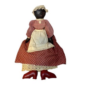 Antique American Black Oil-Cloth  Stuffed Stocking Lady Rag Doll w Painted Face