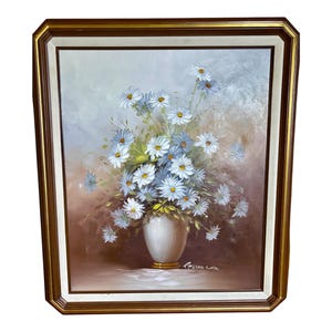 Vintage Oil Painting White Daisys Still Life by Robert Cox framed & matted 30”X 24”