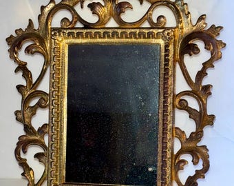 Espejo de tocador antiguo Art Nouveau de latón ornamentado con soporte tipo caballete