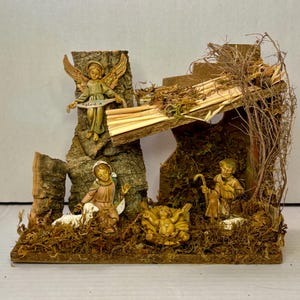 Fontanini Nativity Set Wood & Moss Crèche 6 Figurines Made In Italy 1960s w Box