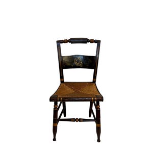 Antique Hitchcock Style Chair Black & Gold Stenciled w Rush Seat Chippy Paint