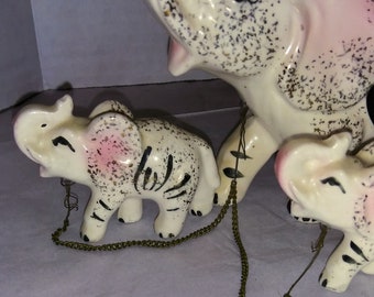Vintage Original 1960s Chained Elephant Family Mother & her 2 Babys Trunks Up for Good Luck