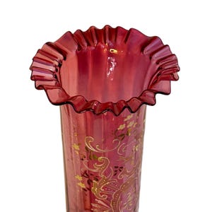 Victorian Moser Bohemian Cranberry Glass Vase Hand painted w Enamel Gold Gilding