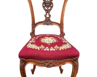 Victorian Balloon Back Parlor Chair Handcarved Walnut Needlepoint Seat