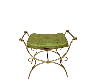 Antique Gold Gilded Brass Curule style Bench Scrolled Arms w Satin Tufted Cushion