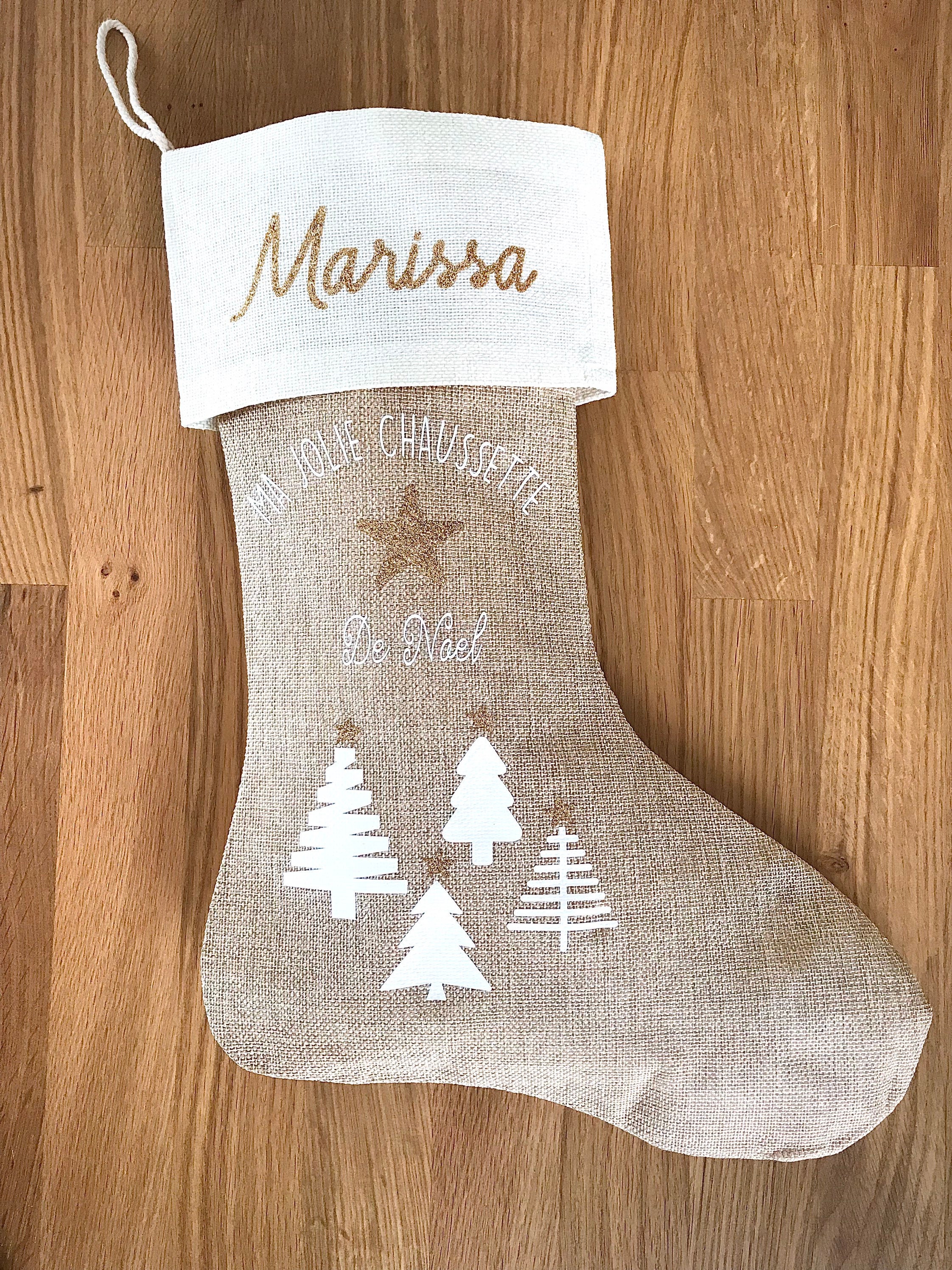 Chaussette Personnalisée Xl Noël Sapins Jute Prénom Pailleté