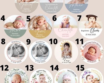 Personalized round self-adhesive PHOTO labels 3 or 4 or 5 or 6 cm / A4 sheet / Baptism Birthday Birth Communion