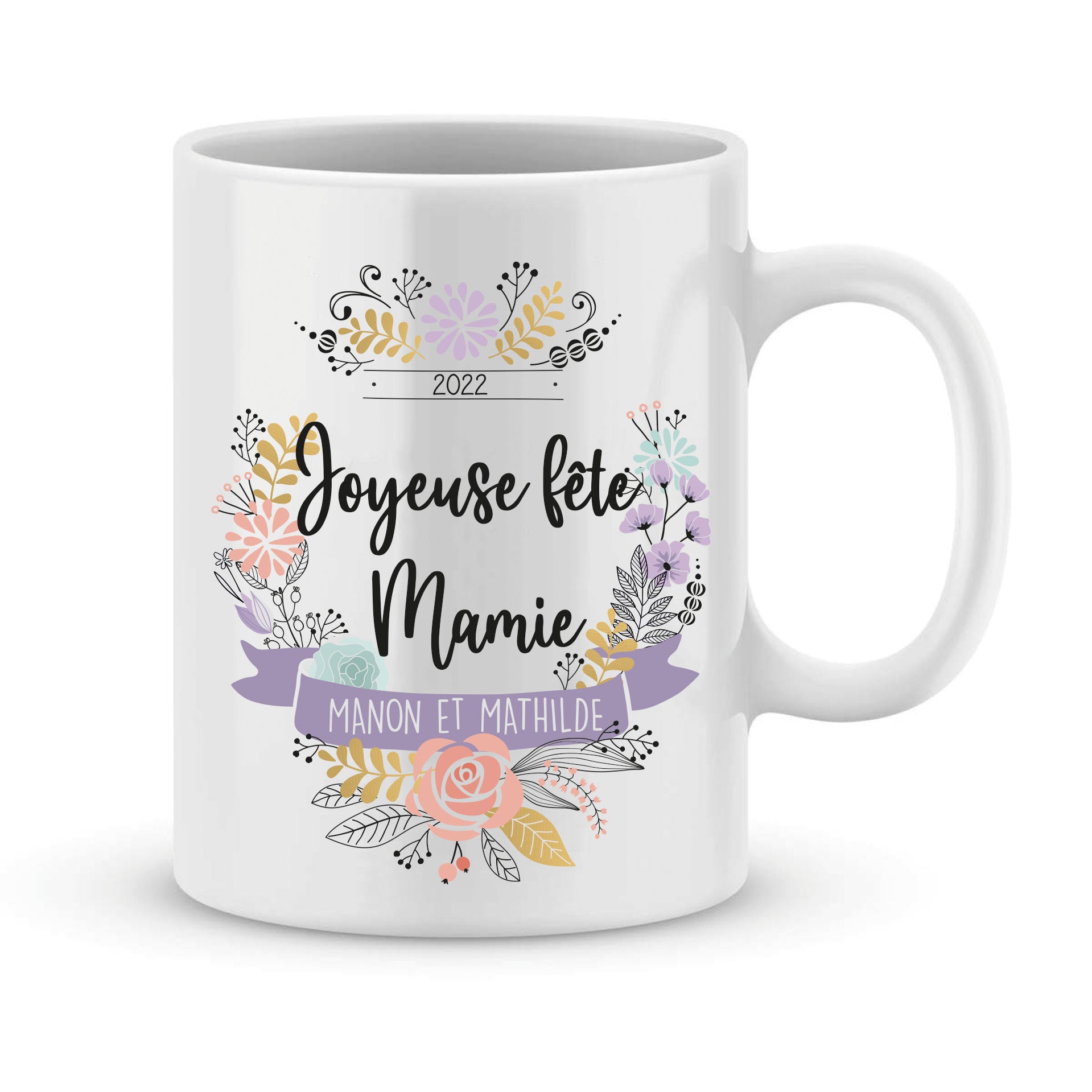 Mug Personnalisé Couronne Fleurie Fête Des Grands-Mères/Mamie 2022 Texte et Prénoms Petits Enfants