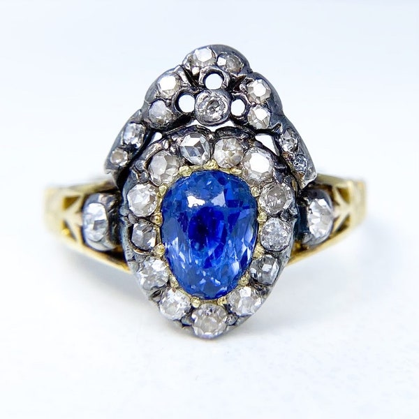 Antique Georgian/Victorian Crowned Heart Sapphire and Diamond Ring