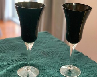 2 VTG RETIRED Circleware GLOSSY Black Diamond Blown Crystal Wine Goblets Glasses
