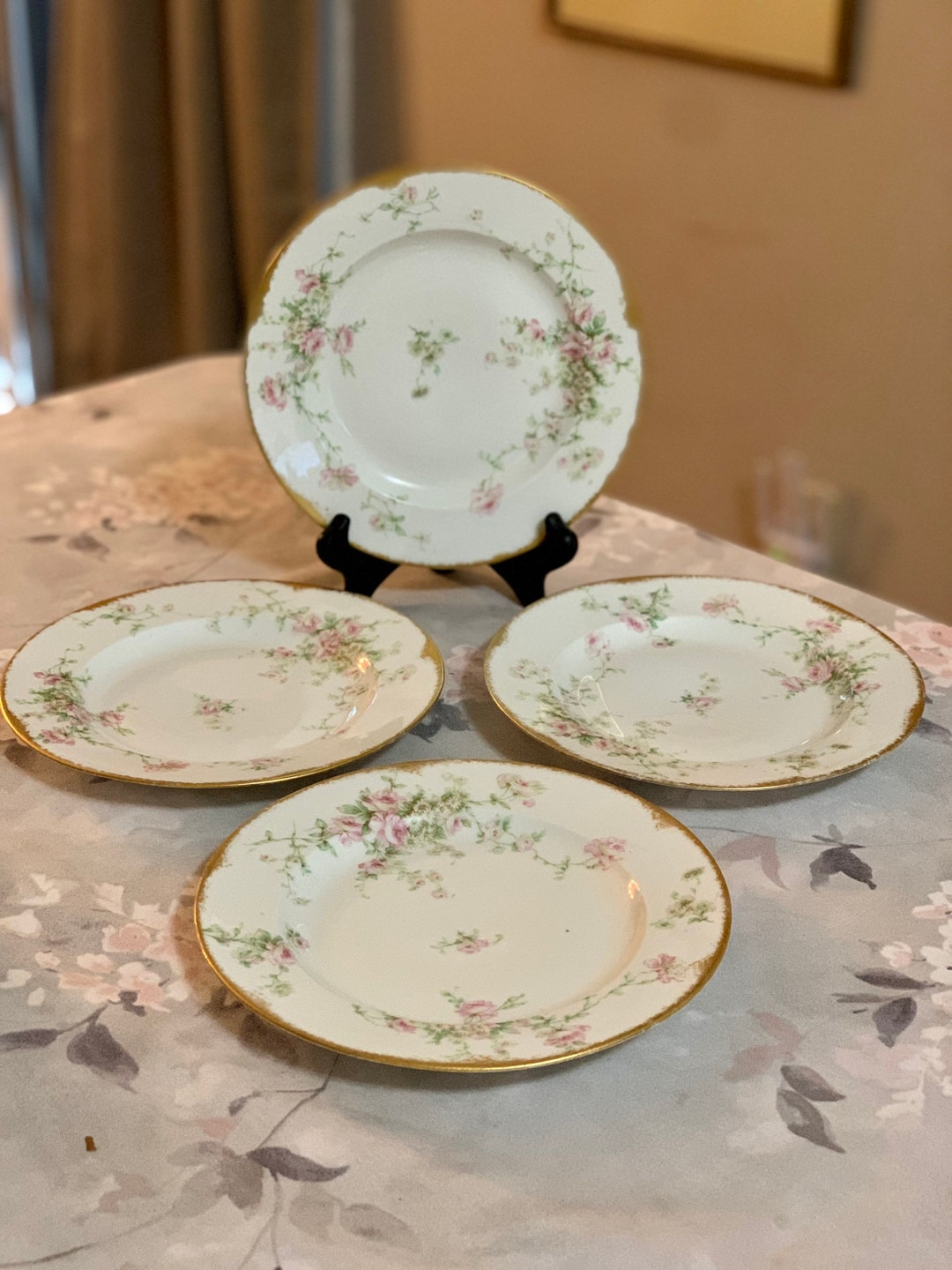 4 Theodore Haviland Limoges France Schleiger Pink Flower Gold Rim Salad