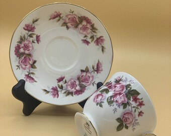 Vintage Queen Anne Bone China Cup And Saucer ENGLAND Pat # 8575 Pink Roses