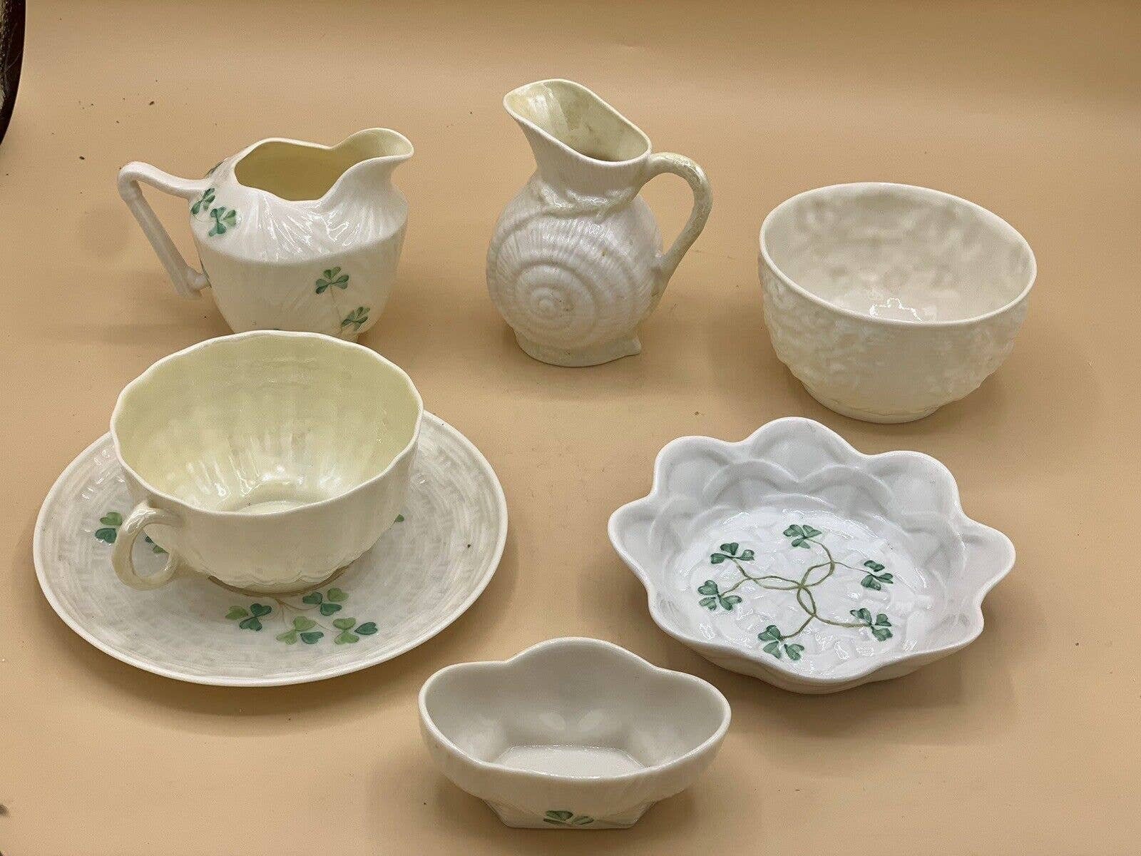 BELLEEK Parian China Set Shamrock Weaved Pattern Collection all 7 Piece RARE