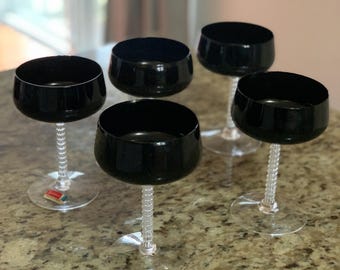 Set of 5 Vintage Fostoria Black Crystal Champagne Glasses Clear Swirl Stem