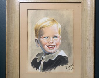 Original watercolor portrait of a boy signed by V. Crisp Italy