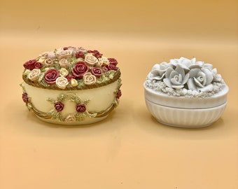 Vintage DEZINE Hand painted Applied Roses and Japan Flowers Trinket Box