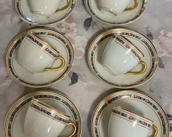 B&C L. Bernardaud Limoges France Set Of 6 Tea Cup And Saucer White Gold Trim