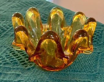 Vintage MCM Amber Yellow Art Glass 8 Finger Bowl Trinket Dish Candy Nut Bowl