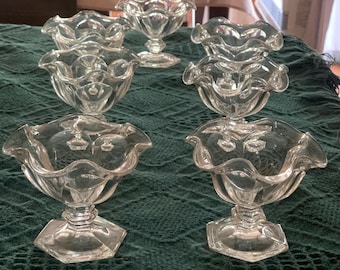 7 Heisey Colonial Clear Glass Stemmed Sorbet Dish Fluted Hexagon H in Diamond