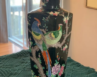 Antique Japan Meiji Hand Painted Famille Noir Enamel Pheasant Flower Vase