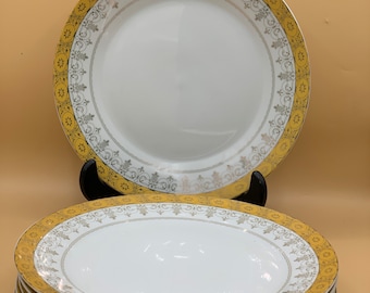 6 Royal Vienna Gold Scroll & Yellow Band Pattern 10 1/2" Dinner Plates