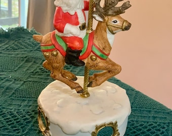 VTG Lefton Musical Wind Up Santa On Carousel Reindeer