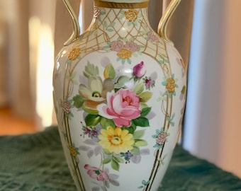 Nippon Morimura Hand Painted Large Pink Roses & Gold Vase Circa 1911-1921